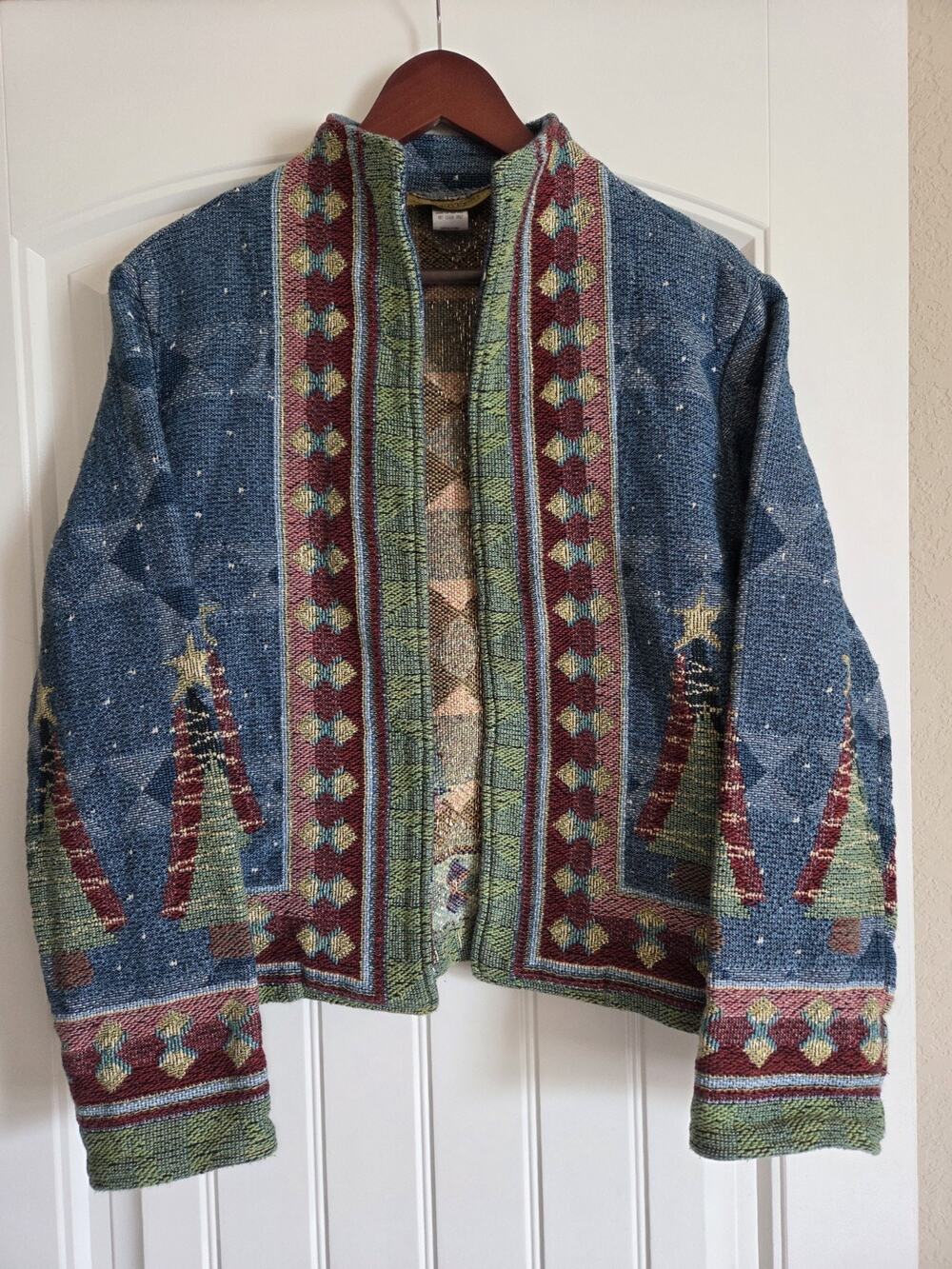 Vintage Painted Pony Tapestry Jacket Blue Christmas Tree Cotton Medium USA